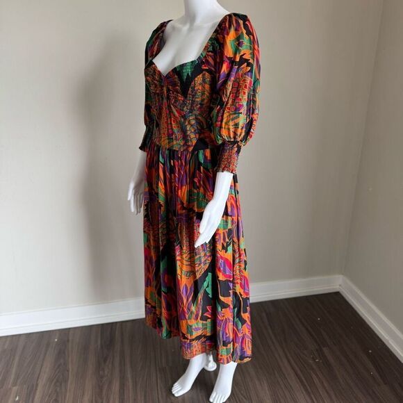 House Of Harlow 1960 Smocked Puff Sleeve  Dress Size M White Lotus - Picture 3 of 7